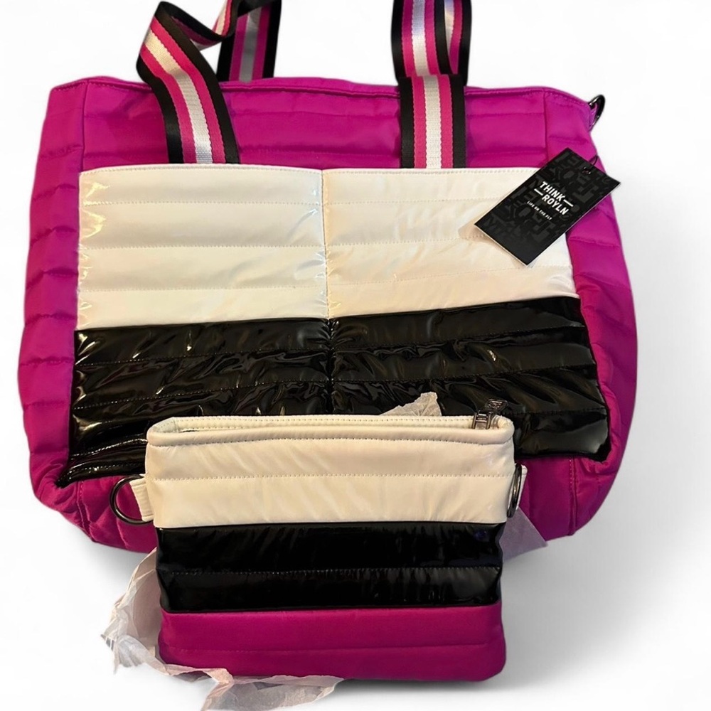 Think Royln Puffer Tote Bag Set Pink Black White Crossbody + Pouch NWT